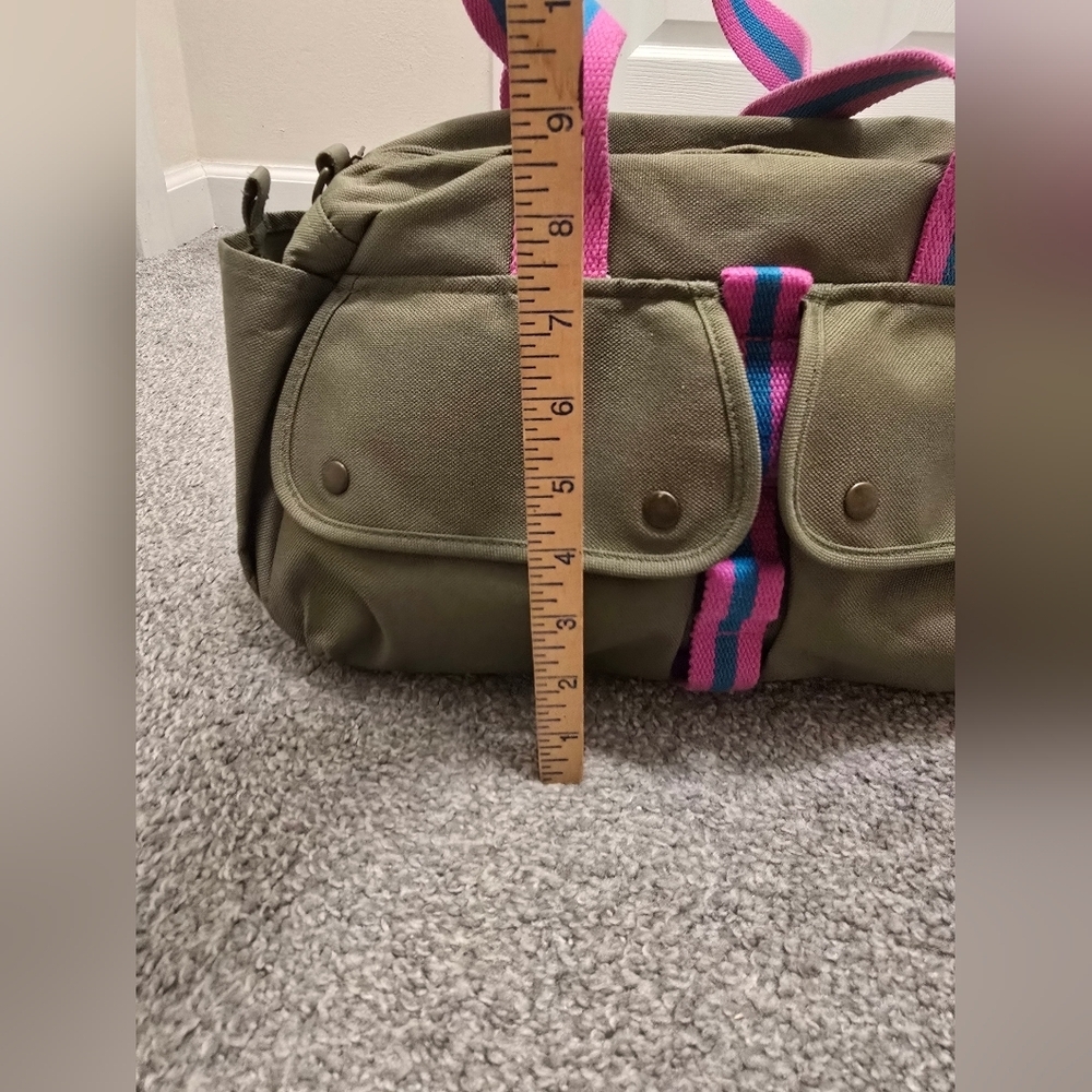 Ralph Lauren Messenger Bag Army Green Canvas Pink Stripes Travel Vacation - Picture 7 of 13